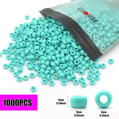 Miniatura 2 de 1000 piezas Cuentas de pony de 9 mm Turquesa Cuentas de plástico Barril de Turquesa para Pulsera, Cuentas de pelo para Trenzas, Llavero, Fabricación