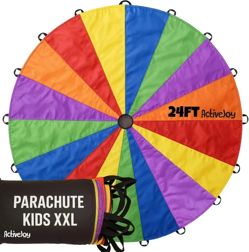 Miniatura 9 de Activejoy - Paracaídas para niños - 8 pies/12 pies/20 pies / 24 pies - Juguete de paracaídas arcoíris con asas - Ideal para clases de gimnasio, día