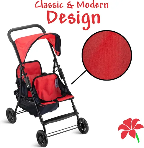 Miniatura 4 de Hushlily® Tandem - Cochecito de muñeca doble con toldo ajustable y cesta, plegable, con ruedas suaves (rojo y azul)