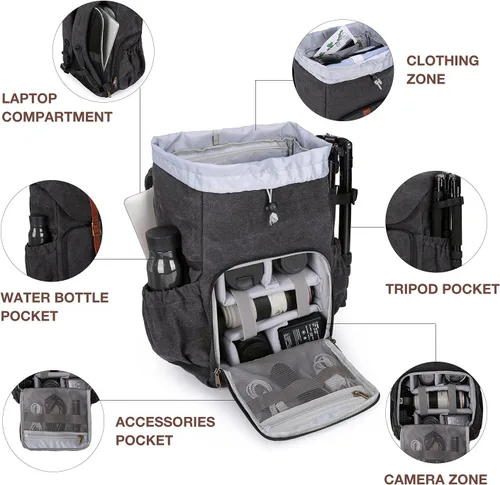 Miniatura 2 de BAGSMART Mochila para cámara DSLR SLR, bolsa impermeable para cámara, mochila antirrobo para fotografía con compartimento para laptop de 15 B-negro
