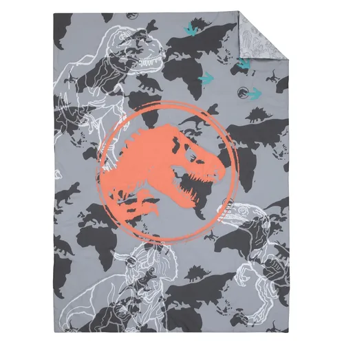 Miniatura 2 de NoJo Universal Jurassic World Into The Wild Grey - Juego de cama infantil de 4 piezas, color gris, blanco, naranja y aguamarina T. Rex - edredón