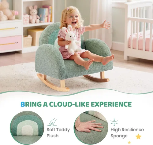 Miniatura 4 de JOYMOR Silla para niños, mecedora de forro polar con patas de madera maciza, diseño antipuntas, sofá infantil para guardería, sala de juegos, verde