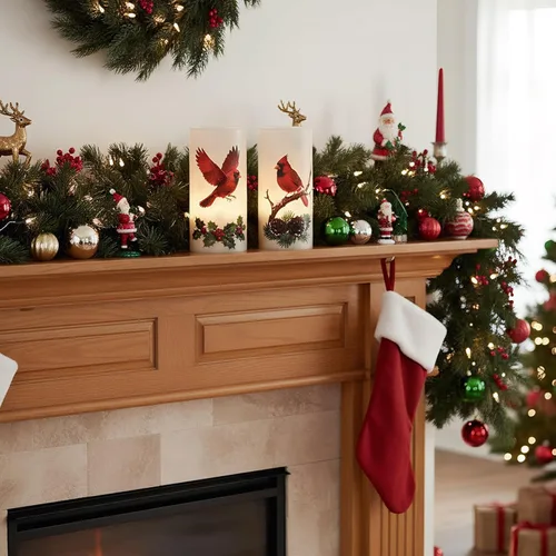 Miniatura 4 de Velas sin llama de cardenal de Navidad en pilar con control remoto y temporizador, velas LED en portavelas de cera real, vela operada por batería