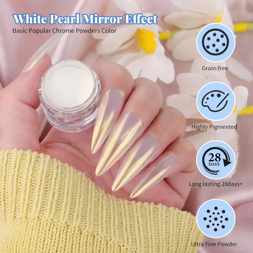 Miniatura 3 de Polvo de uñas cromado Moonlight, polvo de uñas cromado Aurora Pearl efecto espejo holográfico blanco brillante pigmento de azúcar polvo purpurina