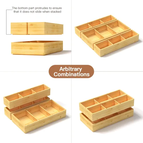 Miniatura 7 de DUJEN Organizador de cajones de bambú de 12.5'' x 12.5'' x 2'', ajustable de 3 organizadores individuales de cajón multiusos para baño y cocina