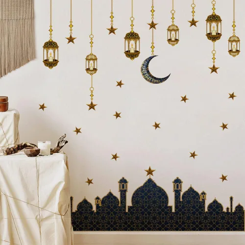 Miniatura 6 de Calcomanías de decoración de pared de Ramadán, calcomanías de pared musulmanas islámicas Eid Mubarak Ramadán, farol, luna, estrella, ventana