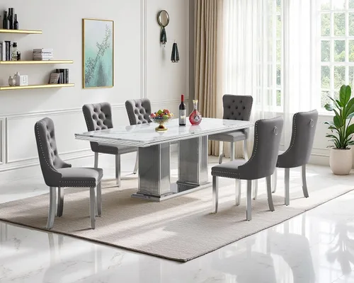 Miniatura 24 de Henf Juego de mesa de comedor de mármol sintético de 68 pulgadas para 6, juego de mesa de comedor de 7 piezas con 6 sillas copetudas de terciopelo