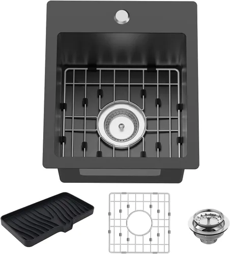 Miniatura 11 de Fregadero de cocina y bar negro de 12 x 16 pulgadas, pequeño tazón de acero inoxidable para montaje inferior, fregadero de cocina y bar, elección