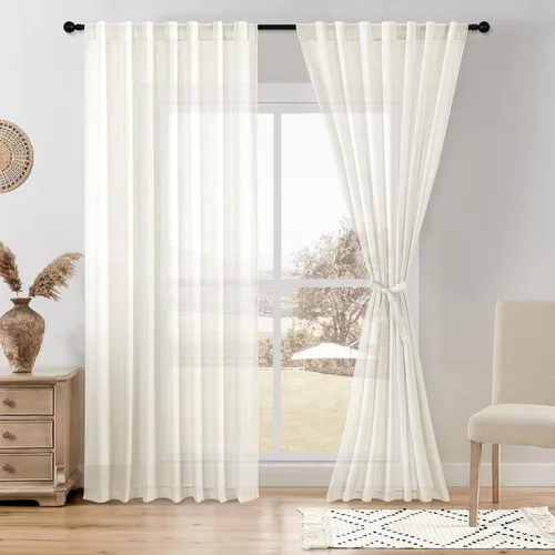 Miniatura 33 de DWCN Cortinas traslúcidas de lino floral, bolsillo para barra y pestaña trasera, cortina de mezcla de lino para dormitorio, sala de estar, cortinas
