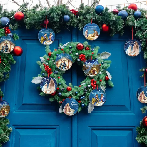 Miniatura 7 de Karenhi 6 piezas de adornos navideños de escena del nacimiento de Jesús, regalos religiosos, adorno navideño colgante de cerámica, escena