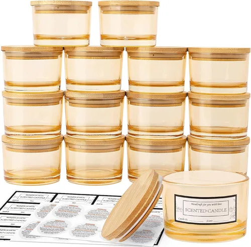 CONNOO Paquete de 15 tarros de vela de vidrio ámbar dorado de 4 onzas con tapas herméticas de bambú para hacer velas, recipientes vacíos de boca Oro