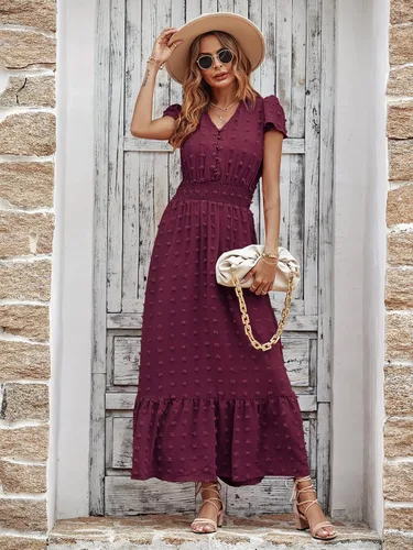 Miniatura 2 de PRETTYGARDEN - Vestido estilo bohemio, manga corta, cuello en V y plumetí con volados para mujer, vestido largo fruncido de cóctel