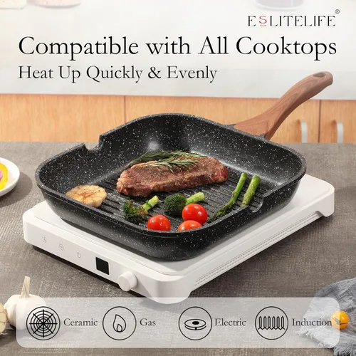 Miniatura 4 de Eslite Life Parrilla antiadherente de 9.5 pulgadas para cocina interior, sartén cuadrada grande versátil compatible con inducción para cocinar a