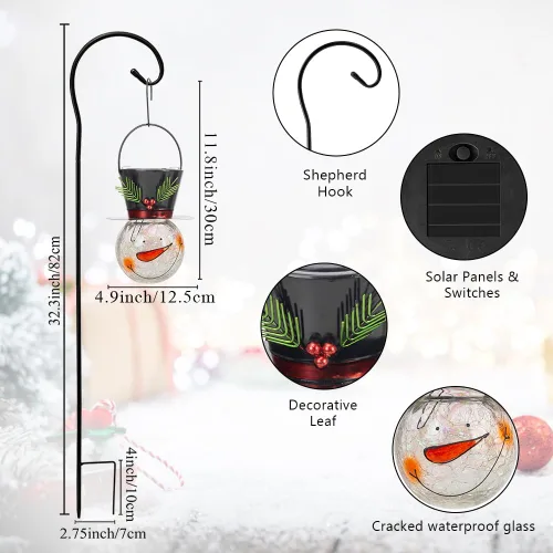 Miniatura 5 de Viveta Linterna solar de muñeco de nieve, faroles solares colgantes de Navidad, farol impermeable de cristal agrietado para exteriores con gancho