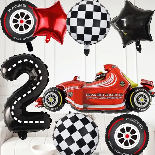 Miniatura 6 de Dos globos para decoración de fiesta de cumpleaños de autos de carreras rápidas, globos rojos y decoración de tartas, estrellas a cuadros negros