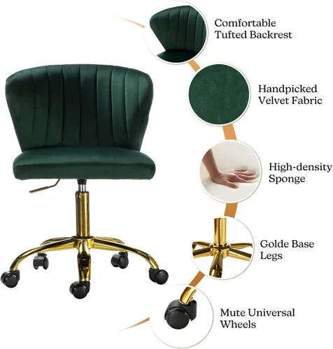 Miniatura 4 de TINA'S HOME Sillas de escritorio de oficina con ruedas y base dorada, moderna silla de oficina sin brazos de terciopelo, silla giratoria ajustable