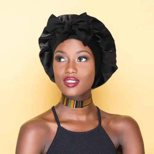 Miniatura 6 de Gorro de satén para mujer, con banda de amarre para el cabello, para dormir, grande de 2 capas, gorro de dormir de seda para dormir con 3 coleteros
