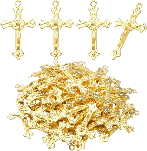 BronaGrand 50pcs Alloy Cross Charms Pendants Jewelry Rosary Cross Charms for DIY Bracelet Necklace Jewelry Making Findings,37×22mm Dorado