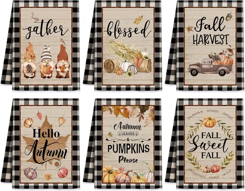 Miniatura 19 de Ganeen Juego de 6 toallas de mano de Acción de Gracias con texto en inglés «Hello Fall» en blanco y negro, vintage, calabaza, camión, motero