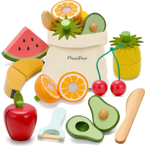PairPear - Juegos de comida de juguete de madera para cocina de niños, juego de frutas de corte de alimentos de juguete para niños de 3 años en