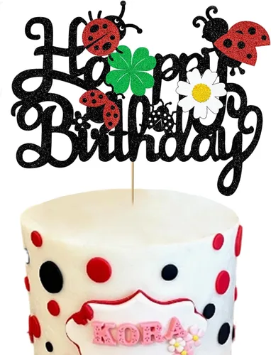 Decoración para tartas de mariquitas, decoración de feliz cumpleaños para niños y niñas, mariquita con purpurina, trébol de margaritas, suministros