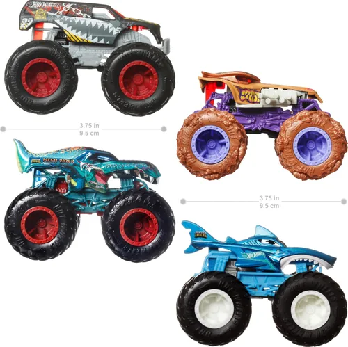 Miniatura 5 de Hot Wheels Monster Trucks - Juego de 4 juguetes, paquete de 4 vehículos Fang Frenzy a escala 1:64, ruedas gigantes, personajes favoritos