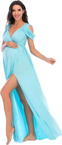 Miniatura 2 de ZIUMUDY Vestido de maternidad con hombros descubiertos y cuello en V envuelto para sesión de fotos, vestido maxi para baby shower