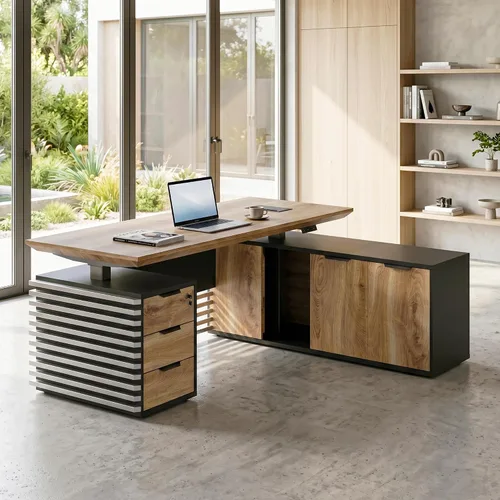 Miniatura 13 de SAINTCY Escritorio ejecutivo de pie en forma de L de 70.87 pulgadas con cajones, escritorio grande y moderno de altura ajustable para oficina
