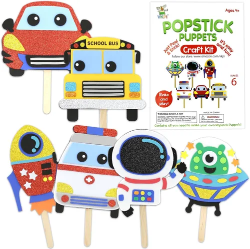 VKPI Kit de Manualidades para Hacer 6 Marionetas de Palitos de Helado para Niños, Regalo de Manualidades de Arte de Espuma, Juguetes para la Hora