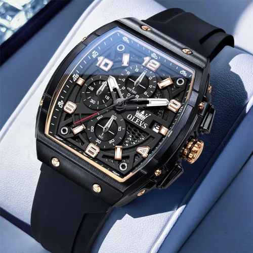 Miniatura 3 de OLEVS Reloj para hombre de lujo de cara grande negro relojes de pulsera de silicona cuadrado multifuncional vestido impermeable cronógrafo analógico