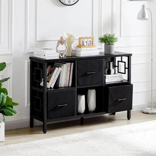 Miniatura 3 de HOMISSUE Estantería organizadora de almacenamiento de 6 cubos, estantería corta rústica con 3 contenedores de almacenamiento, estantería horizontal