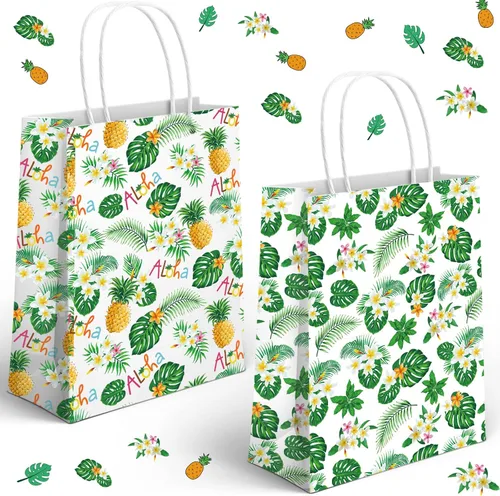 Chivao Paquete de 24 bolsas hawaianas para recuerdos de fiesta, bolsas de regalo de papel de hoja de palma a granel con asa para Luau Summer