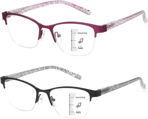 Missfive Paquete de 2 Gafas de Lectura Progresivas Multienfoque para Mujeres, Sin Línea Bloqueo de Luz Azul Bisagra de Resorte Lectores Ligeros