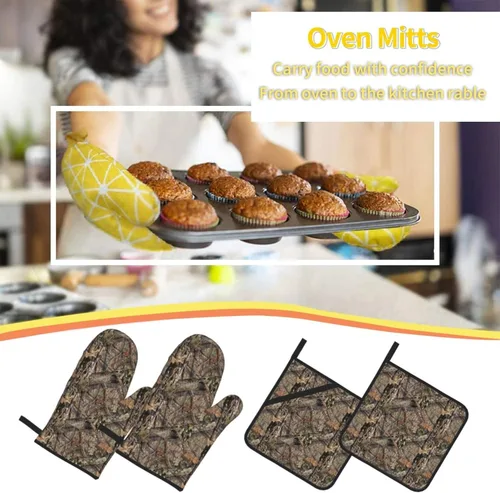 Miniatura 7 de Juego de 4 manoplas de horno y soportes para ollas de camuflaje de camuflaje, guantes resistentes al calor para cocina, hornear, asar a la parrilla