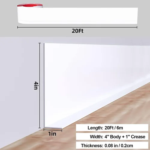 Miniatura 2 de Duzzy Moldura Flexible para Zócalo, 5 Pulgadas (Ancho) x 20 Pies (Largo) Moldura de Pared de Goma Despegar y Pegar, Base de Pared de Vinilo Blanco