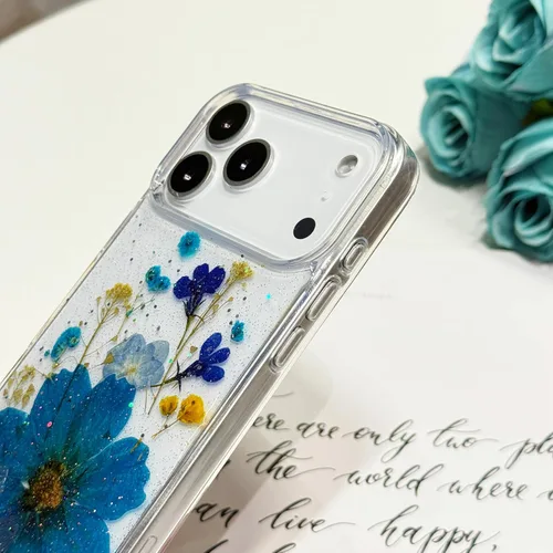 Miniatura 5 de Funda floral para iPhone 17 con flores reales prensadas, bonito diseño de flores secas prensadas transparentes con purpurina para mujer, suave TPU