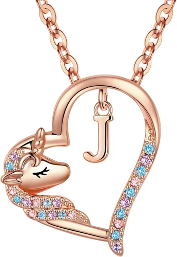 Miniatura 66 de Anoup Collar con inicial de unicornio, chapado en oro de 14 quilates, hipoalergénico con circonita cúbica, colgante de diamante simulado, joyería