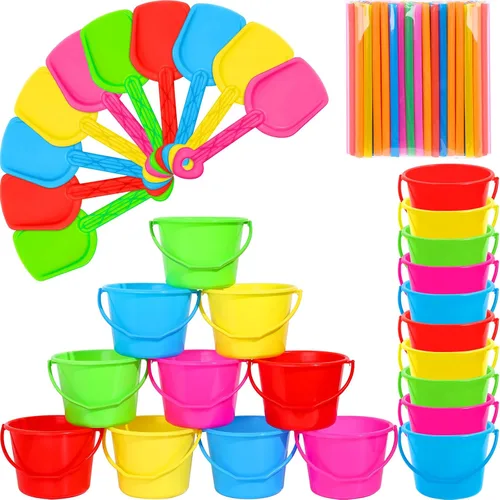 Miniatura 8 de Juego de cubos de arena y palas para niños, cubo de playa de plástico con 100 pajitas para regalos de fiesta de verano (10 juegos)