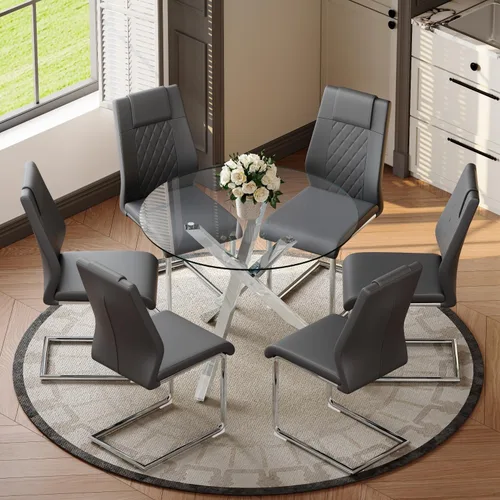 Miniatura 50 de Juego de mesa de comedor redonda para 6, juego de mesa de comedor de vidrio de 39 pulgadas con base de metal ajustable dorada en forma de X y 6