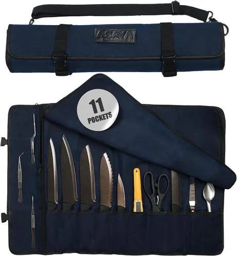Miniatura 11 de Asaya - Bolsa enrollable de lona para cuchillos de chef - 10 ranuras para cuchillos y un gran bolsillo con cremallera - Funda duradera de lona