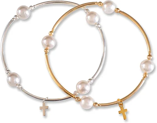 Miniatura 3 de Made As Intended Pulsera Blessing de 0.315 in con perlas blancas con tubos rellenos de oro y dije de cruz