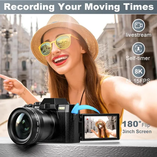 Miniatura 3 de Cámaras digitales de 8K y 64MP para fotografía, zoom de 16X, WiFi, pantalla abatible de 180°, enfoque automático, antivibración, lente gran angular