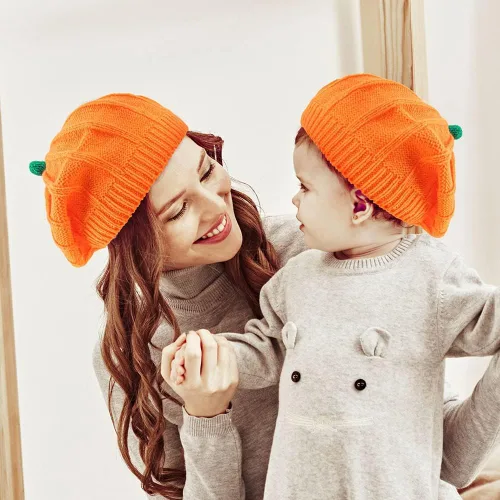 Miniatura 6 de Gorro de boina de punto de calabaza, gorro de felpa para niños pequeños, lindo gorro cálido de invierno para bebé, madre, adulto, Halloween