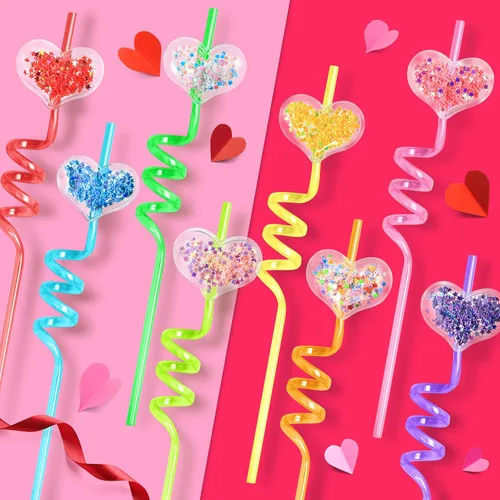Miniatura 2 de 24 popotes de plástico con purpurina de 8 colores para el día de San Valentín, con 2 cepillos de limpieza