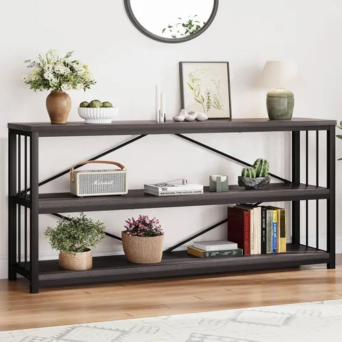 Miniatura 29 de LVB Mesa consola industrial, mesa de sofá de metal y madera, mesa de entrada rústica con almacenamiento, moderno estante de 3 niveles mesa larga