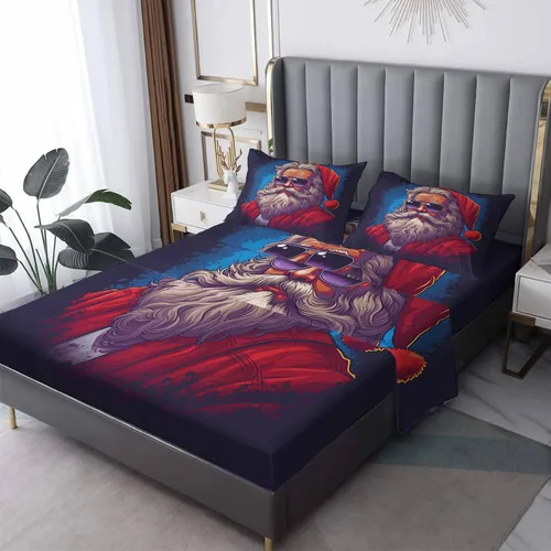 Juego de sábanas de Navidad tamaño individual, sábanas de Papá Noel, sábanas y fundas de almohada estampadas de 3 piezas, sábana bajera ajustable de