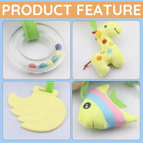 Miniatura 5 de Caterbee Juguetes de asiento de automóvil para bebé, juguete de peluche colgante suave con sonajero y mordedor, juguete de desarrollo sensorial