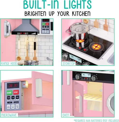 Miniatura 5 de Lil' Jumbl Juego de cocina rosa para niños, cocina de juego de madera de simulación, máquina de hielo a pilas, microondas, campana extractora