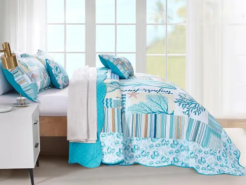 Miniatura 5 de HZ & HY Colcha costera tamaño King extragrande, ropa de cama ligera para playa, colcha náutica, costuras reales, reversible, 6 piezas, 100% Coral