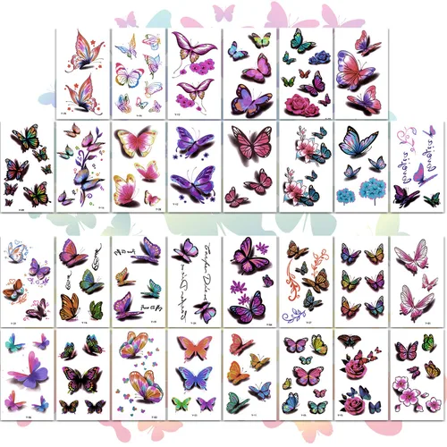 Miniatura 2 de Calcomanías temporales 3D de mariposas y flores, tatuajes coloridos para mujeres, 126 unidades, 30 hojas
